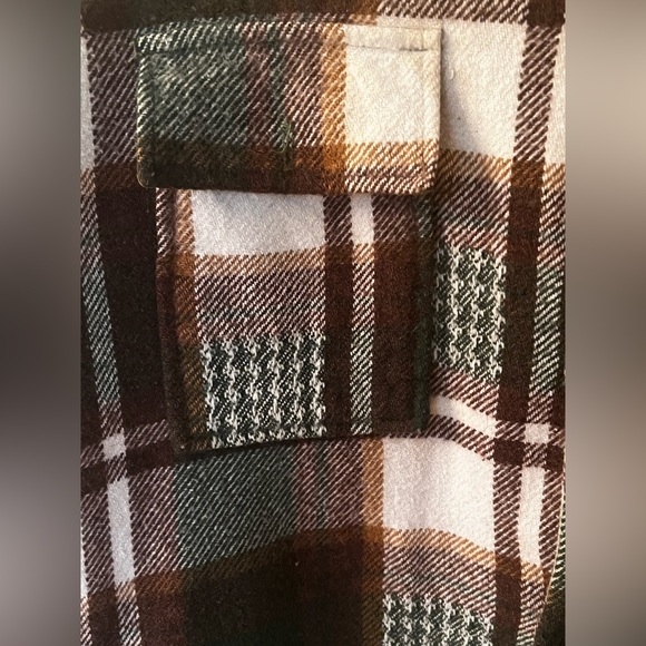Green Brown White Plaid Heavy Flannel Button Up Fall Winter Shirt Blouse Top - Picture 5 of 12